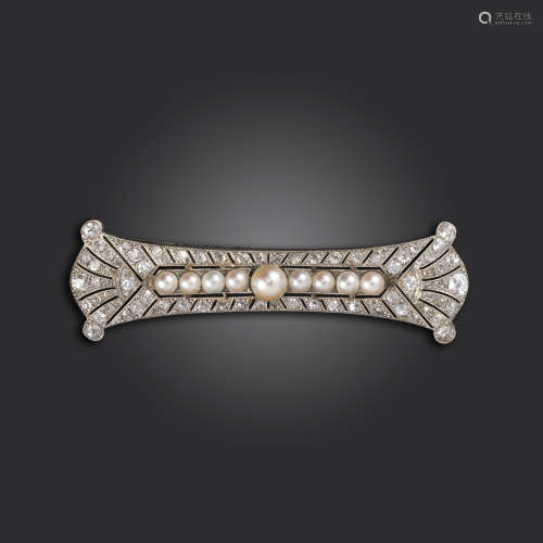 An Edwardian pearl and diamond brooch, set with a centre line of pearls, with circular and rose-