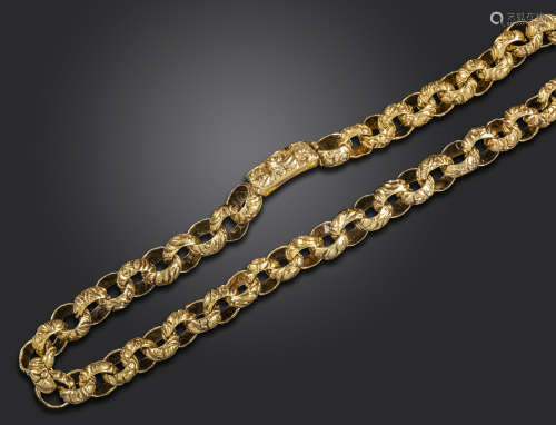A Regency gold chain, the circular links engraved with foliate decoration, with a rectangular