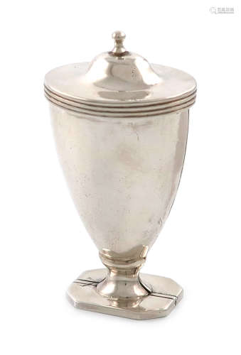 A George III silver nutmeg grater, by William Parker, London 1800, urn form, the hinged cover with a