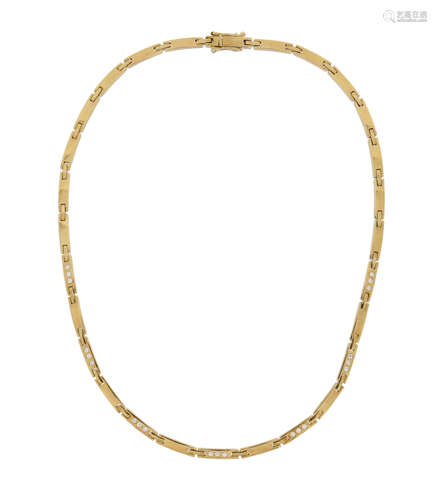 A diamond-set gold necklace, the gold bar links alternately-set with round brilliant-cut diamonds,