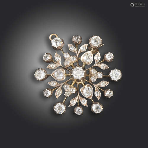 A late Victorian diamond-set foliate circular brooch pendant, set overall with old circular-cut