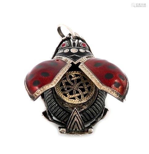 A rare silver and enamel ladybird vinaigrette, unmarked circa 1900, with sprung red and black