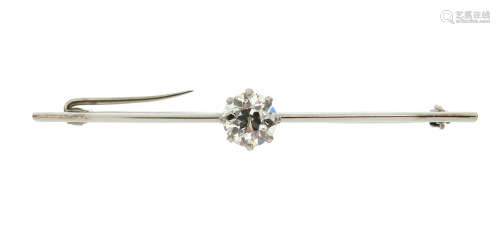 A diamond solitaire bar brooch, the old circular-cut diamond weighs approximately 1.20cts, set in