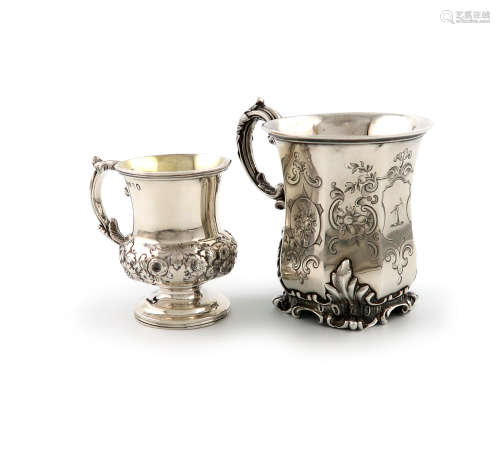 A Victorian silver mug, by The Barnards, London 1845, panelled baluster form, leaf capped scroll