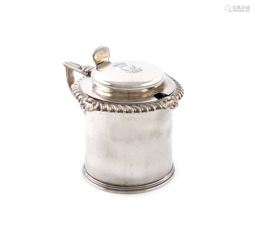 A George IV silver mustard pot, by Emes and Barnard, London 1827, circular form, scroll handle,