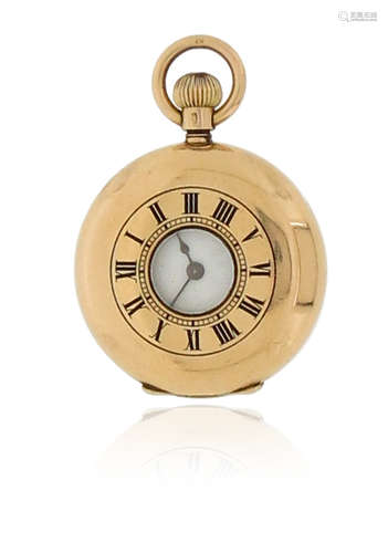 A lady's half hunter 18ct gold fob watch, stem wind with blue Roman numerals to case and black Roman