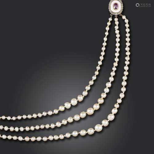 A graduated natural pearl necklace, the centre three-rows of graduated pearls suspend from two white
