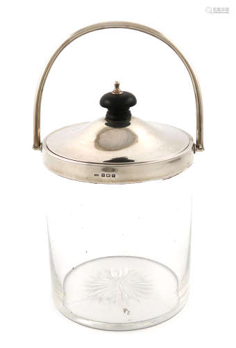 A silver-mounted glass biscuit barrel, by Thomas Jones, Birmingham 1920, plain cylindrical form,