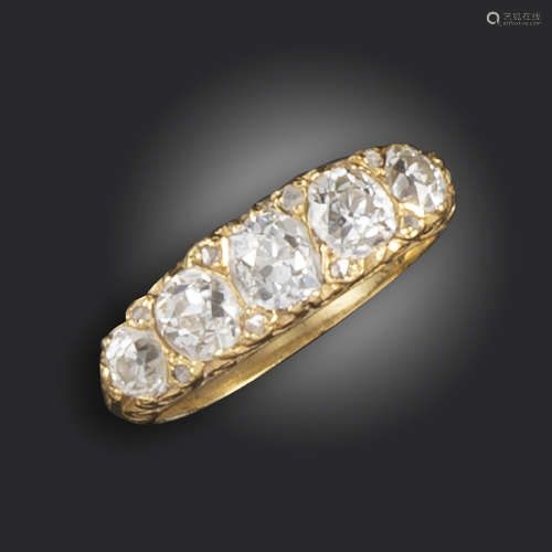 A diamond five-stone ring, the graduated old circular-cut diamonds set in 18ct yellow gold, each