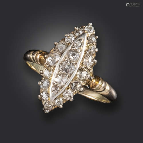 A Victorian navette-shaped diamond cluster ring, set with graduated old cushion-shaped diamonds in