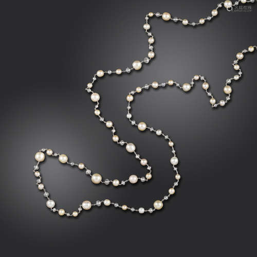 A natural pearl and diamond necklace, alternately-set with ninety-one natural pearls and ninety