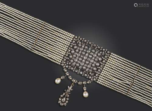A diamond and seed pearl choker necklace, the early 20th century square-form centre piece with
