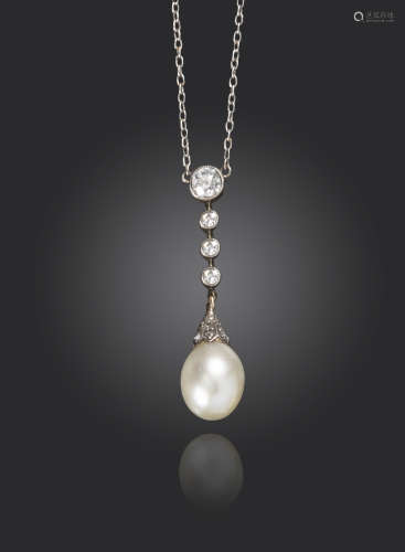 An early 20th century natural pearl and diamond pendant, the natural pearl with rose-cut diamond-set