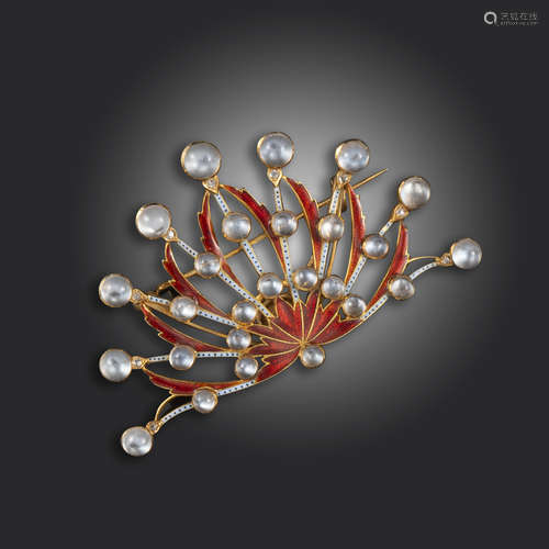 An enamel, moonstone and diamond brooch by Carlo Giuliano, c1885, of stylised peacock tail design,