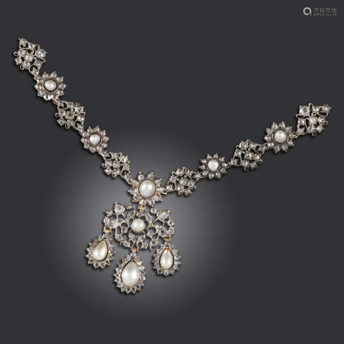 An 18th century natural pearl and diamond-set silver necklace front section and pendant, the
