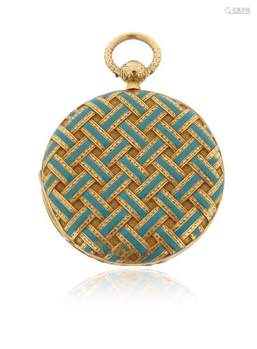 A gold hunting-cased key-wind fob watch, both cases decorated with blue enamel and foliate-chased