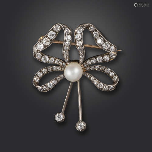 A Victorian cultured pearl and diamond-set bow brooch, the stylised bow set with old circular-cut