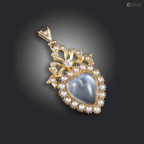 A carved moonstone, seed pearl and diamond-set heart pendant, the heart-shaped moonstone set