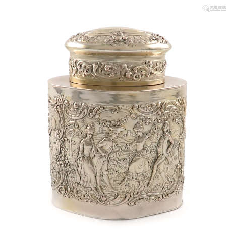 A German silver tea caddy, probably Hanau, circa 1900, shaped oval form, embossed with Rococo