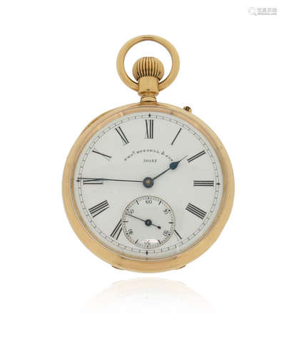 An 18ct gold pocket watch by Thos. Russell & Son, the signed white dial with subsidiary seconds