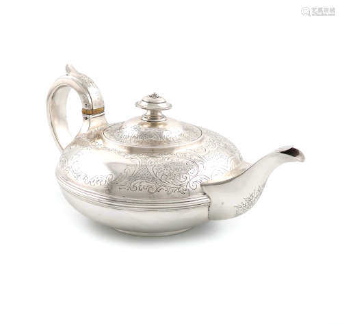 λA William IV silver teapot, by The Barnards, London 1830, compressed circular form, chased