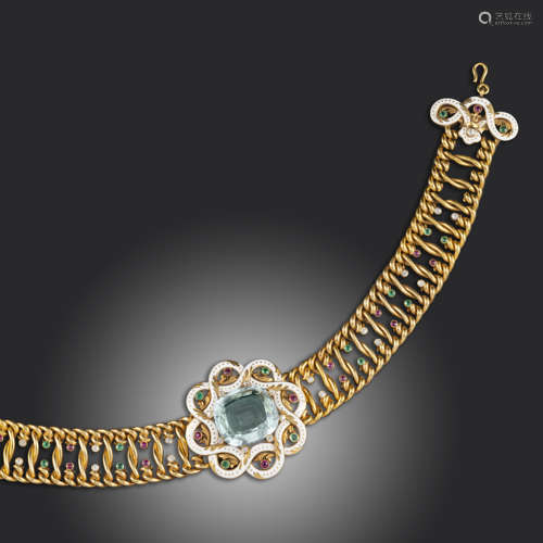 A Renaissance Revival diamond, multi-gem and enamel choker by A.E Kцchert, the central cushion-