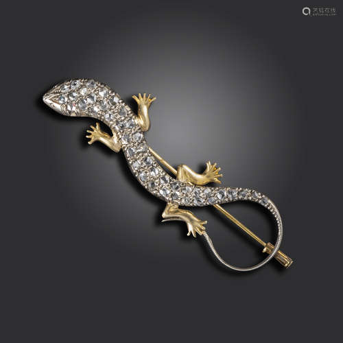 A late 19th century diamond-set lizard brooch, pavé-set overall with rose-cut diamonds in silver and