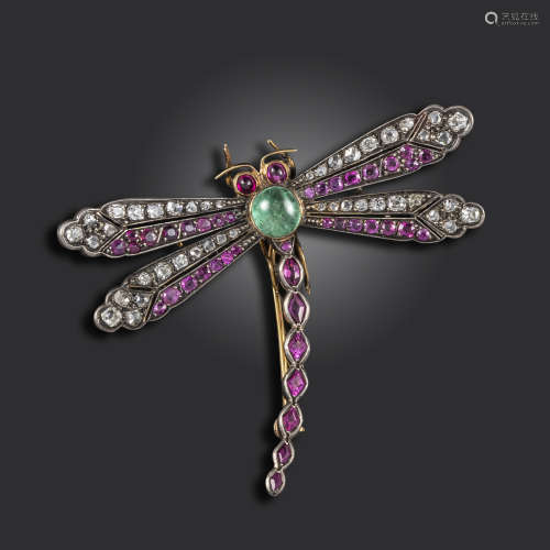 A Victorian gem-set dragonfly brooch, the body formed from a cabochon emerald and kite-shaped rubies
