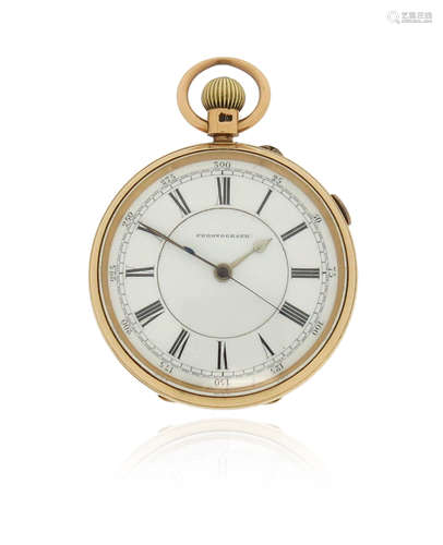 An 18ct gold open-faced chronograph pocket watch, the white dial with Roman numerals, stem wind,