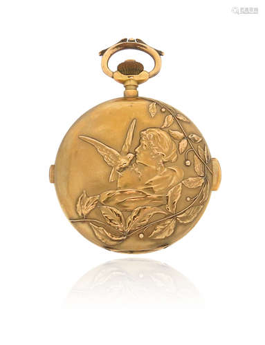 A yellow gold quarter repeating chronograph hunting-cased pocket watch, the hinged cover chased with