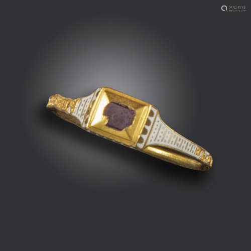 A late 17th century ruby, gold and enamel ring, the rectangular raised mount set with a flat-cut