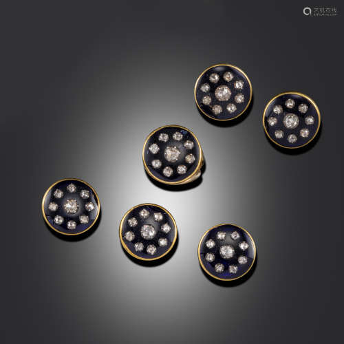 A set of six George III buttons, converted, each circular blue glass plaque set with nine