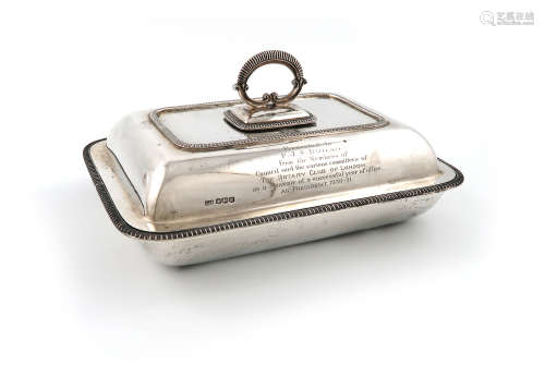 A presentation silver entree dish and cover, by The Harrison Brothers, Sheffield 1929, rectangular