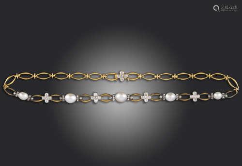 A natural pearl and diamond necklace, the oval gold links set with diamond quatrefoils and natural