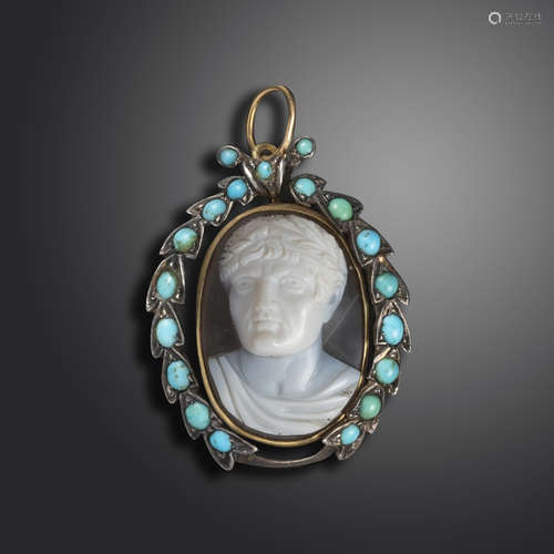 A sardonyx cameo depicting Emperor Constantine, c1800, in an early 19th century pendant frame, set