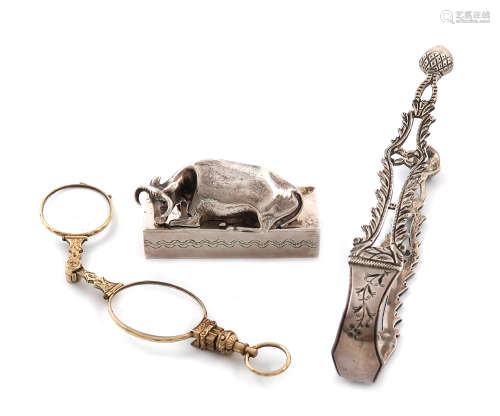 A small mixed lot, comprising silver items: a Victorian cow finial, by H. Wilkinson and Co.,