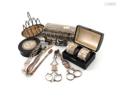 λA mixed lot of silver items, comprising: a dressing table box, of fluted rectangular form, an Irish