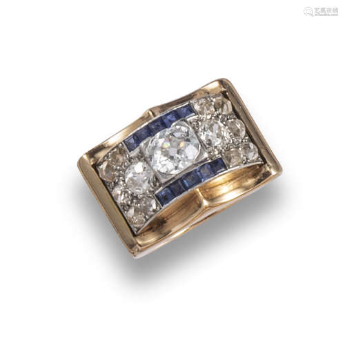 A sapphire and diamond Odeonesque ring, c1940, centred with an old cushion-shaped diamond, with a