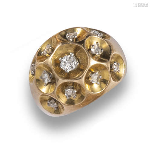 A diamond-set gold bombé ring, the honeycomb design set with graduated rose-cut diamonds and a