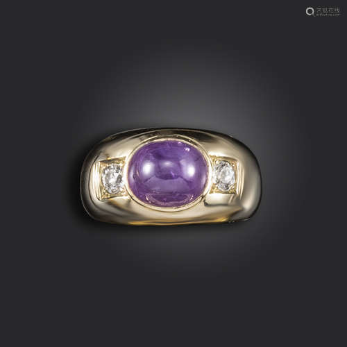 A star sapphire and diamond ring, the sapphire weighs approximately 9.80cts, flanked with old