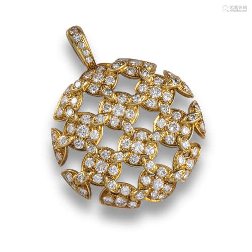 A circular diamond pendant by Van Cleef & Arpels, the flexible woven panel design is pave-set with