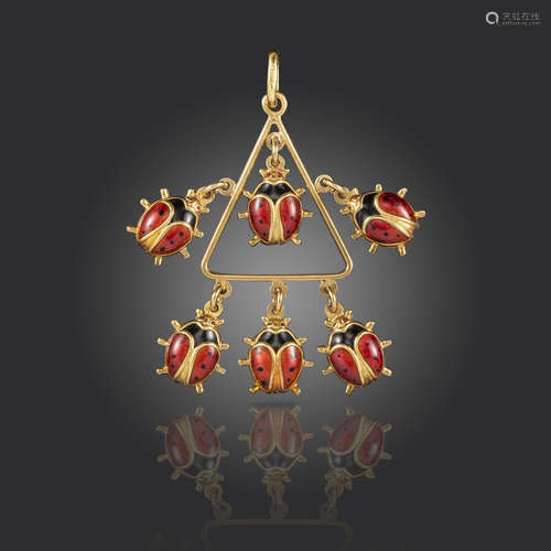 A gold and enamel ladybird pendant, the triangular centre section suspends six ladybird pendants,