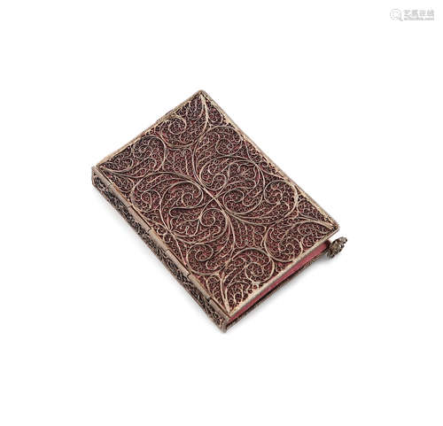 A late 17th century silver filigree covered aide memoire / almanack, unmarked circa 1680,