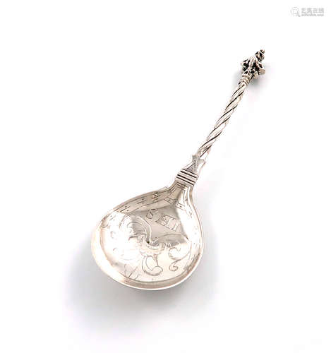 An early 17th century Norwegian silver Cherub-knop spoon, maker's mark F B conjoined, probably