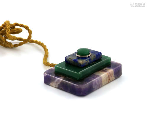 An Art Deco hardstone table bell, rectangular form, with stepped Lapis Lazuli, Jadeite and Blue