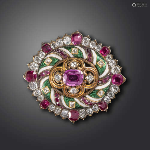 A Victorian Holbeinesque gem-set and enamel brooch, the cushion-shaped ruby set within quatrefoil