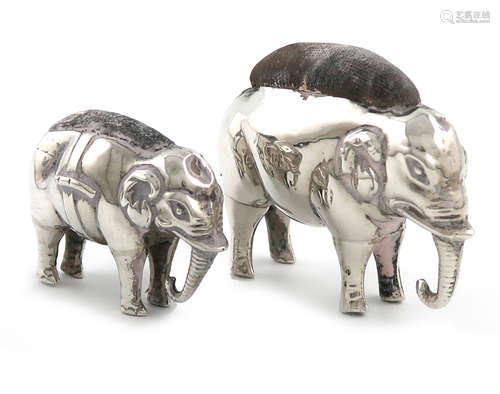 Two Edwardian novelty silver elephant pin cushions, by The Boots Pure Drug Company, Birmingham 1905,