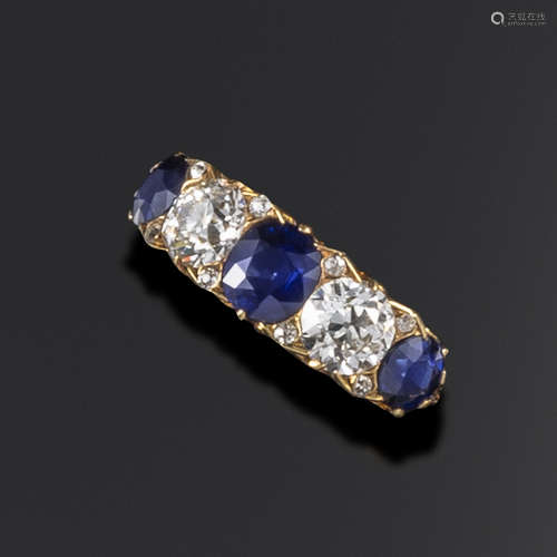 A Victorian sapphire and diamond half-hoop ring, alternately-set with old cushion and circular-cut