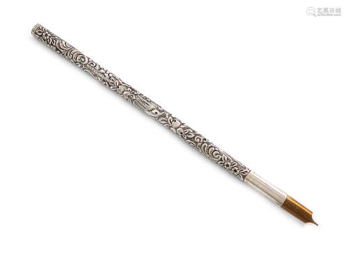 A Victorian silver dip pen, by S. Mordan and Co, circa 1890, embossed and chased with birds and