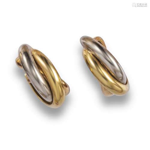 A pair of trinity three-colour gold hoop earrings by Cartier, signed, clip fittings, 2.5cm high